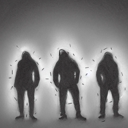 Hint: Rendering of four men in hoodies standing in the dark, detailed with beautiful lighting. The scene is cinematic in the style of Banksy and realistic, 4k, clear, realistic face, realistic eyes, the highest quality, realistic hands, trending on artstation, a masterpiece. , Cartoon