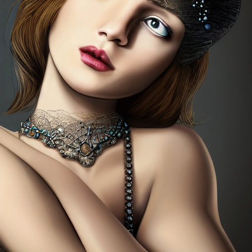 hyper realistic portrait of sexy girl, having a feather cap, a choker and luxurious necklaces, slender and slim, perfect naked breast, detailed eyes, coherent symmetrical face, digital art, perfect anatomy, hyper detailed, highly intricate, concept art, award winning photograph, rim lighting, sharp focus, 8k resolution wallpaper, smooth, denoise