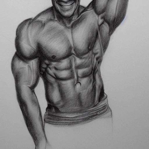 full body picture of a man with bold biceps and a cute smile, Pencil Sketch