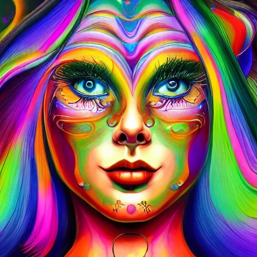 a perfect portrait of lady, an extremely psychedelic experience, colorful, surreal, dramatic lighting, LSD, detailed face, intricate, elegant, highly detailed, digital painting, artstation, concept art, smooth, sharp focus, illustration