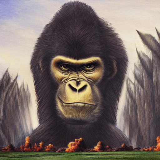 Hard edge painting of a giant bored ape standing amidst a field of destruction