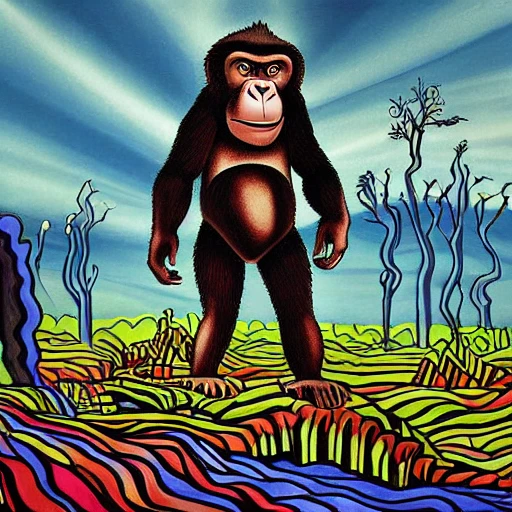 Hard edge painting of a giant bored ape standing amidst a field of destruction, Trippy