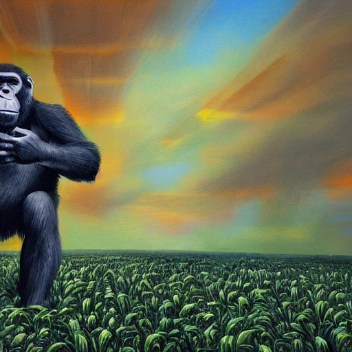 Hard edge painting of a giant bored ape standing amidst a field of destruction, Trippy, 3D