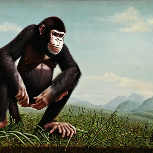 Hard edge painting of a giant NFT of a bored ape standing amidst a field of destruction, 3D