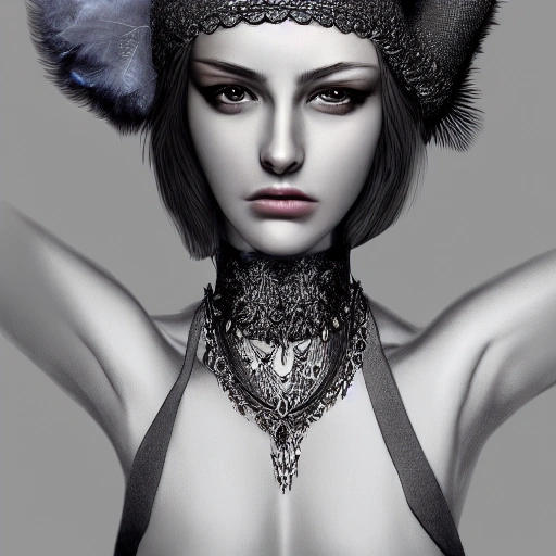 hyper realistic portrait of sexy girl, having a feather cap, a choker and luxurious necklaces, slender and slim, perfect naked ass
, detailed eyes, coherent symmetrical face, digital art, perfect anatomy, hyper detailed, highly intricate, concept art, award winning photograph, rim lighting, sharp focus, 8k resolution wallpaper, smooth, denoise