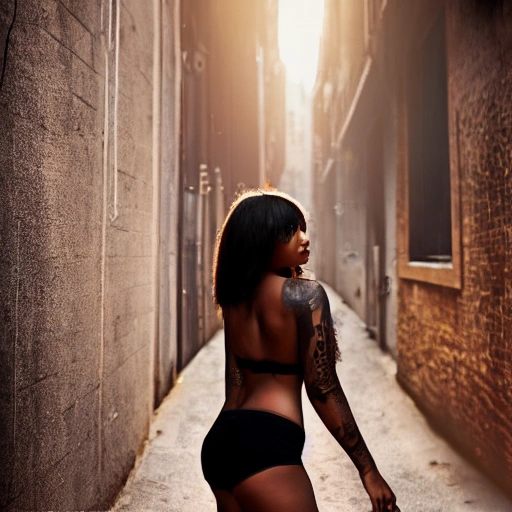 1 sexy girl, walking, brown skin, perfect breast, detailed face, tattoos, shadow effect, spotlight, city alley in the background, background blur, hyperrealistic, photografic, 8k, epic ambient light, octane render