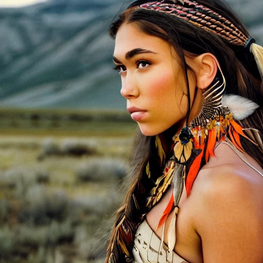 Prompt: portrait photograph of Madison Beer as Pocahontas, young beautiful native american woman, perfect symmetrical face, feather jewelry, traditional handmade dress, armed female hunter warrior, (((wild west))) environment, Utah landscape, ultra realistic, concept art, elegant, ((intricate)), ((highly detailed)), depth of field, ((professionally color graded)), 8k, art by artgerm and greg rutkowski and alphonse mucha, 4k, clean, realistic face, realistic eyes, highest quality, realistic hands, trending on artstation, masterpiece
