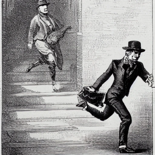 a detailed victorian engraving of a thief running with a money bag