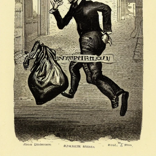 a detailed victorian engraving of a thief running with a money bag