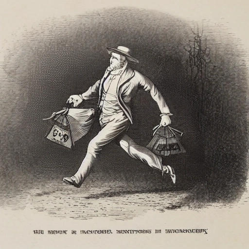 a detailed victorian engraving of a thief running with a money bag