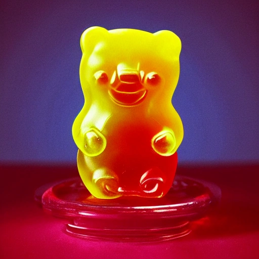 professional photo of a a cute translucent candy gummy bear on a podium, made in resine, pop art sytle, in the style of andy warhol, intricate full detail, photorealism shoot, his left hear is already bitten, hd, dramatic lighting, detailed, full view, portrait, stunning background pop art museum, cinematic lighting, highly detailed, intricate, sharp focus, (((depth of field))), (((f/1.8))), 85mm, (((professionally color graded))), (((dusk))), soft diffused light,  hdr 4k, 8k