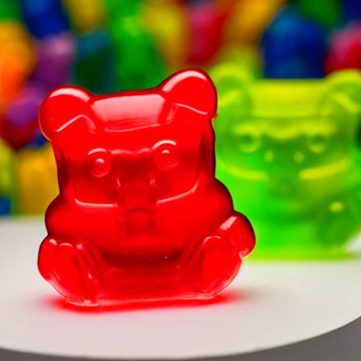 professional photo of a cute translucent sculpture of a candy gummy bear on a white podium, made in resine, pop art sytle, in the style of andy warhol, intricate full detail, photorealism shoot, his left hear is already bitten, hd, dramatic lighting, detailed, full view, portrait, stunning background pop art museum, cinematic lighting, highly detailed, intricate, sharp focus, (((depth of field))), (((f/1.8))), 85mm, (((professionally color graded))), (((dusk))), soft diffused light,  hdr 4k, 8k