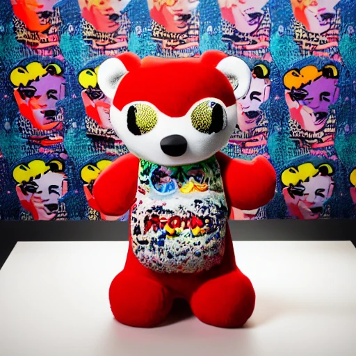 professional photo of a Harribo candy  bear on a white podium, made in resine, pop art sytle, in the style of andy warhol, intricate full detail, photorealism shoot, his left hear is already bitten, hd, dramatic lighting, detailed, full view, portrait, stunning background pop art museum, cinematic lighting, highly detailed, intricate, sharp focus, (((depth of field))), (((f/1.8))), 85mm, (((professionally color graded))), (((dusk))), soft diffused light,  hdr 4k, 8k