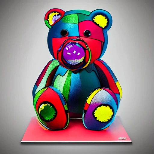 professional photo of a Harribo candy  bear on a white podium, made in resine, pop art sytle, in the style of andy warhol, intricate full detail, photorealism shoot, his left hear is already bitten, hd, dramatic lighting, detailed, full view, portrait, stunning background pop art museum, cinematic lighting, highly detailed, intricate, sharp focus, (((depth of field))), (((f/1.8))), 85mm, (((professionally color graded))), (((dusk))), soft diffused light,  hdr 4k, 8k