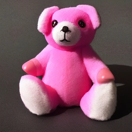 professional photo of professional photo of a Harribo candy bear made in glossy pink plastic, pop art sytle, intricate full detail, photorealism shoot, his left hear is already bitten, hd, dramatic lighting, detailed, full view, portrait, stunning background pop art museum, cinematic lighting, highly detailed, intricate, sharp focus, (((depth of field))), (((f/1.8))), 85mm, (((professionally color graded))), soft diffused light, hdr 4k, 8k