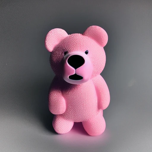 professional photo of a Harribo candy bear made in glossy pink plastic, pop art sytle, intricate full detail, photorealism shoot, hd, dramatic lighting, detailed, full view, portrait, stunning background pop art museum, cinematic lighting, highly detailed, intricate, sharp focus, (((depth of field))), (((f