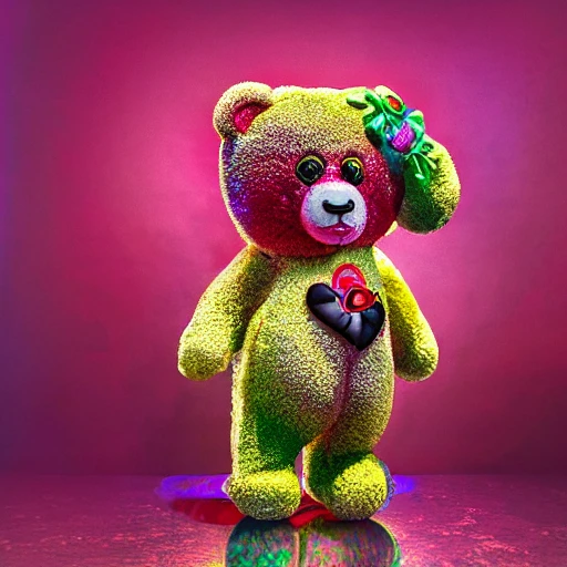 professional photo of a Harribo candy bear made in glossy pink plastic, pop art sytle, intricate full detail, photorealism shoot, hd, dramatic lighting, detailed, full view, portrait, stunning background pop art museum, cinematic lighting, highly detailed, intricate, sharp focus, (((depth of field))), (((f