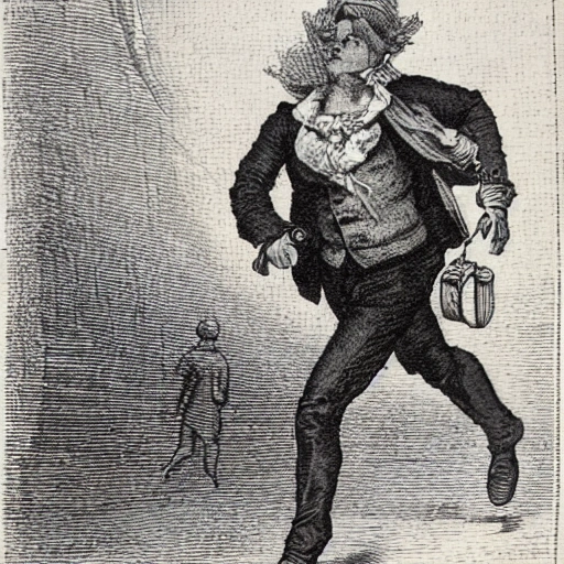 a detailed victorian engraving of a thief running with a money bag