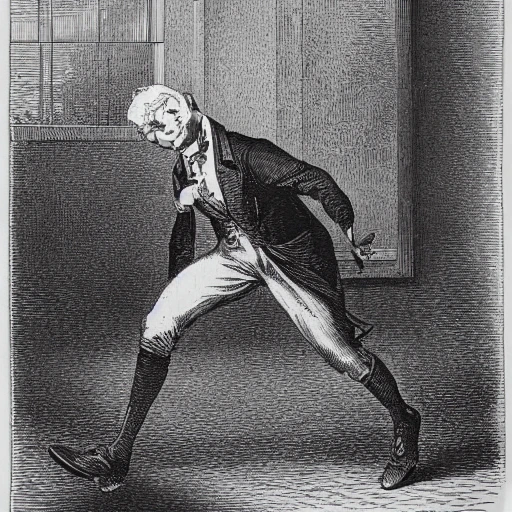 a detailed victorian engraving of a thief running with a money bag