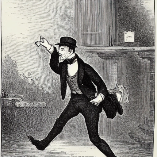 a detailed victorian engraving of a thief running with a money bag