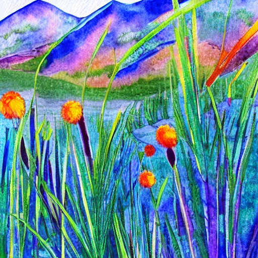 Reeds ... Because of the mountain, surrounded by flowers, Water Color