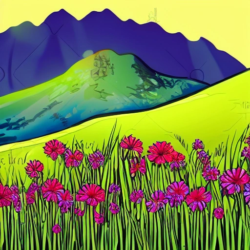 Reeds ... Because of the mountain, surrounded by flowers, Cartoon