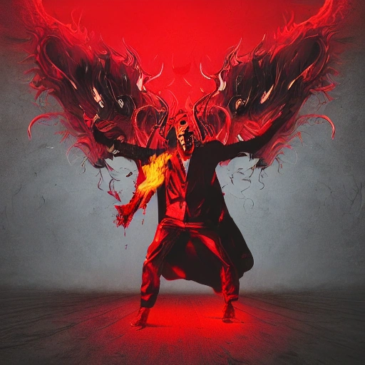 Devil with fire weapon, hell, Humans neck in hand, Red colour in background,