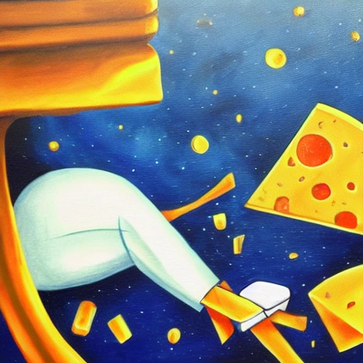computer nerd eating cheese in space, Cartoon, Oil Painting
