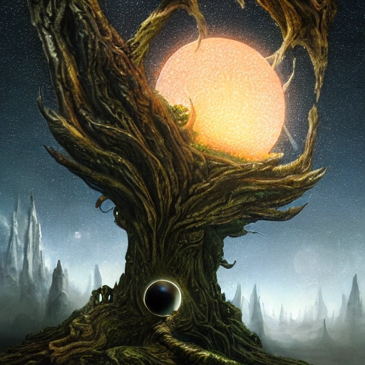 prompt: fantasy tree, alien planet, night sky, stars, detailed and intricate tree with beautiful lighting and realistic proportions, as if it were a cinematic background, by popular artists Jeremy Geddes and Zara Gonzalez Hoang, 4k, clean, realistic face, realistic eyes, highest quality, realistic hands, trending on artstation, masterpiece