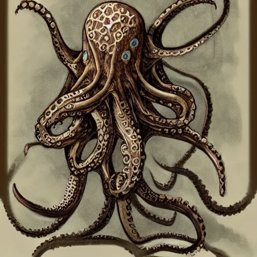 An anthropomorphic octopus::1 using a mechanical exoskeleton to move on land, with intricate mechanical details, highly detailed textures::3 and a dark, otherworldly atmosphere, set in a barren, otherworldly landscape::5