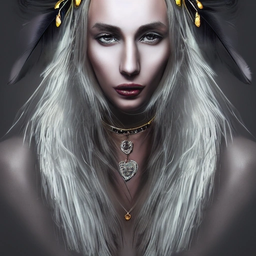 hyper realistic portrait of sexy girl, having a feather cap, a choker and luxurious necklaces, slender and slim, perfect naked breast, detailed eyes, coherent symmetrical face, digital art, perfect anatomy, hyper detailed, highly intricate, concept art, award winning photograph, rim lighting, sharp focus, 8k resolution wallpaper, smooth, denoise