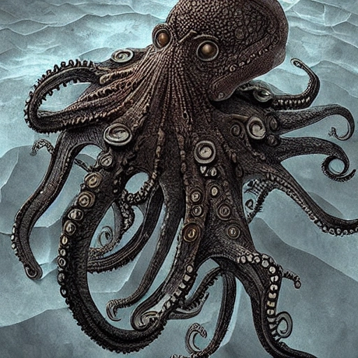 An anthropomorphic octopus | using a mechanical exoskeleton to move on land, | with intricate mechanical details, highly detailed textures::3 and a dark, otherworldly atmosphere, set in a barren, otherworldly landscape::5