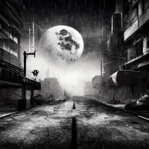 big moon fall broken in post apocalyptic city, cyberpunk, dark, gothic, dystopian, black and white, shadows, mist, fog, very High detailed, cinematic lighting, Cinematic, high detailed, ultra detailed, Accent Lighting, very god colors, realistic, 8k, HDR, Oil Painting