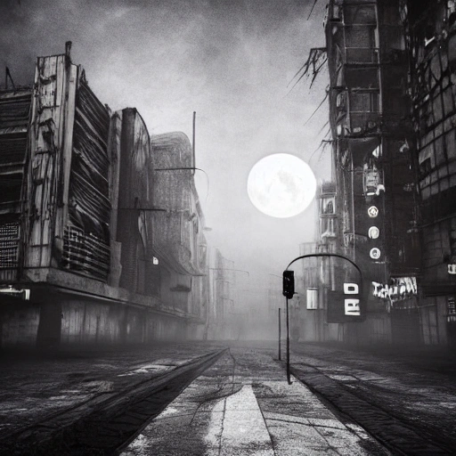 big moon fall broken in post apocalyptic city, cyberpunk, dark, gothic, dystopian, black and white, shadows, mist, fog, very High detailed, cinematic lighting, Cinematic, high detailed, ultra detailed, Accent Lighting, very god colors, realistic, 8k, HDR, Oil Painting