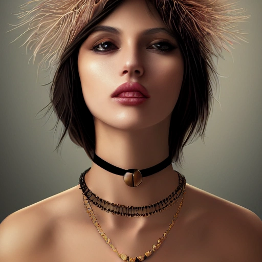 hyper realistic portrait of sexy girl, having a feather cap, a choker and luxurious necklaces, slender and slim, perfect naked breast, detailed eyes, coherent symmetrical face, digital art, perfect anatomy, hyper detailed, highly intricate, concept art, award winning photograph, rim lighting, sharp focus, 8k resolution wallpaper, smooth, denoise