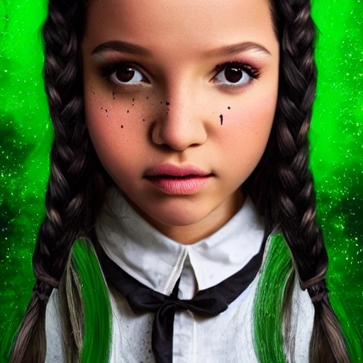 Hyper-realistic portrait of actor jenna Ortega as Wednesday Adams, d&d magic fantasy, casting a bright large-scale green magical spell around herself, overflowing energy, highly detailed, trending on artstation, 8k, unreal engine, trending on instagram, professional photo shoot