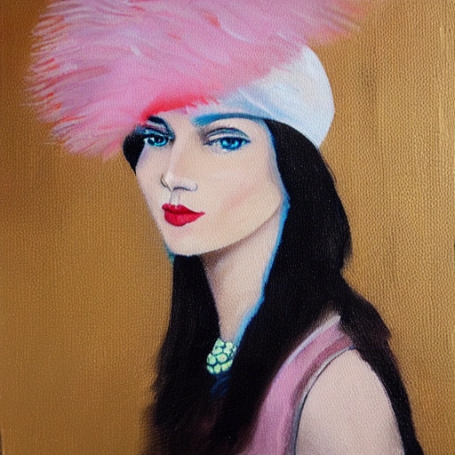 30 years old woman, portrait, traditional oil technique painting, black hat with light pink feather, light blue eyes, Oil Painting