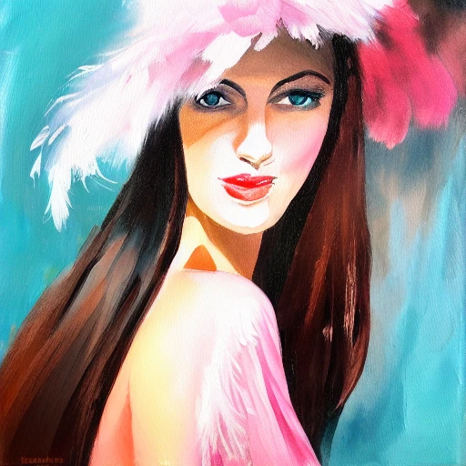 30 years old woman, portrait, traditional oil technique painting, black hat with light pink feather, light blue eyes, Oil Painting, Water Color