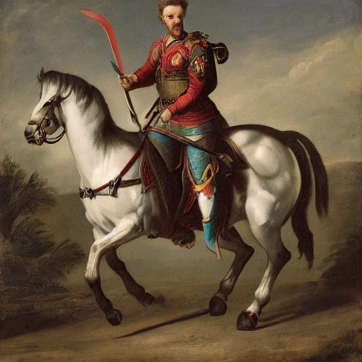 I guy riding a horse with a sword in his left hand