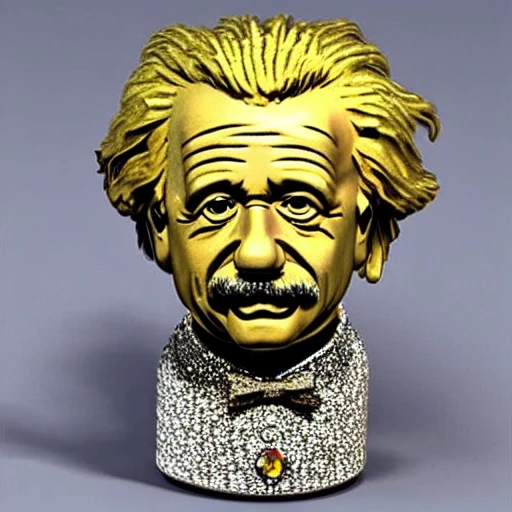 Einstein, jewel encrusted, with small sparkling gems, gold, silver, tons of facets and gems, translucent, very detailed, wide angle. medium distance Faberge style, glowing from within,