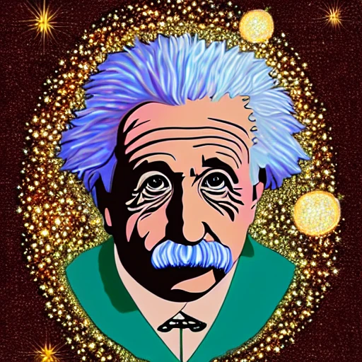 Einstein, jewel encrusted, with small sparkling gems, tons of colors, translucent, very detailed, wide angle. medium distance Faberge style, glowing from within, photorealistic