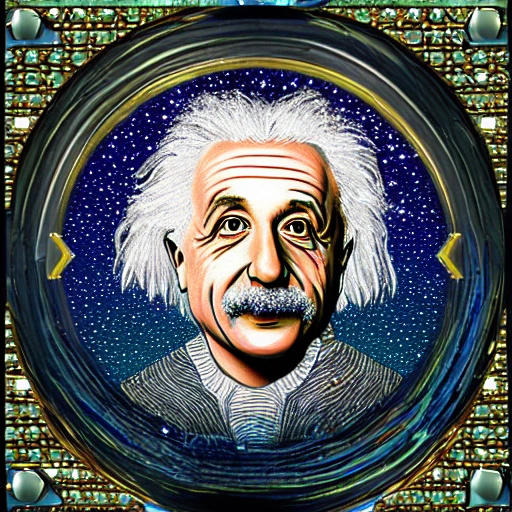 Einstein, jewel encrusted, with small sparkling gems, tons of colors, translucent, very detailed, wide angle. medium distance Faberge style, glowing from within, photorealistic, hyper detail, 8k