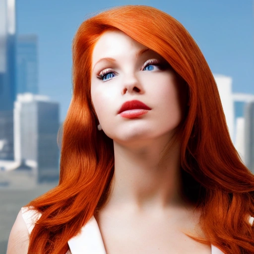 Redhead woman, huge cleavage, long wavy blond hair, in office suit, detailed face, looing at the viewer, offce buildings in the background, blurred background, sharp focus, intricate, photographic, award winning photograph, 8k wallpaper, professional studio llghting, trending on artstation