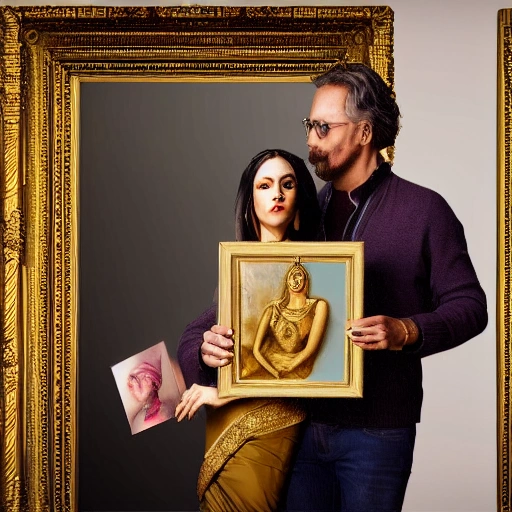 an ultra realistic image of godess like rich women , and a man holding an art in front of her , , 3D