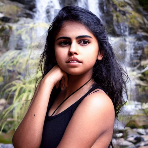 brown indian girl, black eyes, portrait, face like selena gomez, waterfall behind, full body portrait, wearing sports bra and shorts, pixie hair cut, 4k, perfect figure