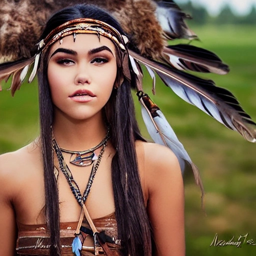 mdjrny-v4 style portrait photograph of Madison Beer as Pocahontas, young beautiful native american woman, perfect symmetrical face, feather jewelry, traditional handmade dress, armed female hunter warrior, 