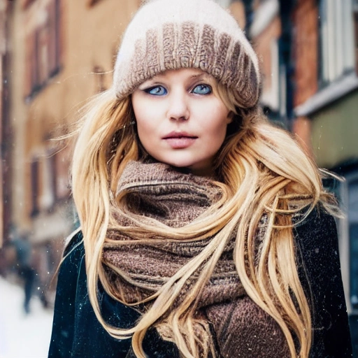 professional portrait photograph of a gorgeous Norwegian girl in winter clothing with long wavy blonde hair, ((sultry flirty look)), freckles, beautiful symmetrical face, cute natural makeup, wearing elegant winter fashion clothing, ((standing outside in snowy city street)), stunning modern urban upscale environment, ultra realistic, concept art, elegant, highly detailed, intricate, sharp focus, depth of field, f/1.8, 85mm, medium shot, mid shot, (centered image composition), (professionally color graded), ((bright soft diffused light)), volumetric fog, trending on instagram, trending on tumblr, hdr 4k, 8k