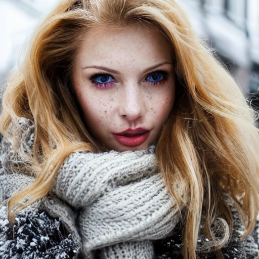 professional portrait photograph of a gorgeous Norwegian girl in winter clothing with long wavy blonde hair, ((sultry flirty look)), freckles, beautiful symmetrical face, cute natural makeup, wearing elegant winter fashion clothing, ((standing outside in snowy city street)), stunning modern urban upscale environment, ultra realistic, concept art, elegant, highly detailed, intricate, sharp focus, depth of field, f/1.8, 85mm, medium shot, mid shot, (centered image composition), (professionally color graded), ((bright soft diffused light)), volumetric fog, trending on instagram, trending on tumblr, hdr 4k, 8k