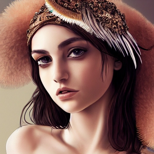 Hyper Realistic Portrait Of Sexy Girl Having A Feather Cap A C