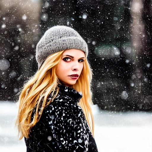 professional portrait photograph of a gorgeous Norwegian girl in winter clothing with long wavy blonde hair, ((sultry flirty look)), freckles, beautiful symmetrical face, cute natural makeup, wearing elegant winter fashion clothing, ((standing outside in snowy city street)), stunning modern urban upscale environment, ultra realistic, concept art, elegant, highly detailed, intricate, sharp focus, depth of field, f/1.8, 85mm, medium shot, mid shot, (centered image composition), (professionally color graded), ((bright soft diffused light)), volumetric fog, trending on instagram, trending on tumblr, hdr 4k, 8k, 3D